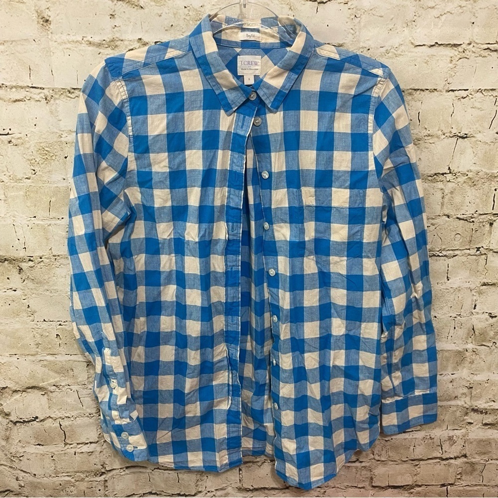 J Crew Blue White Plaid Boy Fit Cotton Button Up Top
